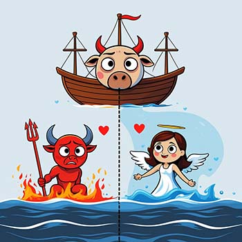 Cartoon cow ship split over heaven and hell with angel and devil